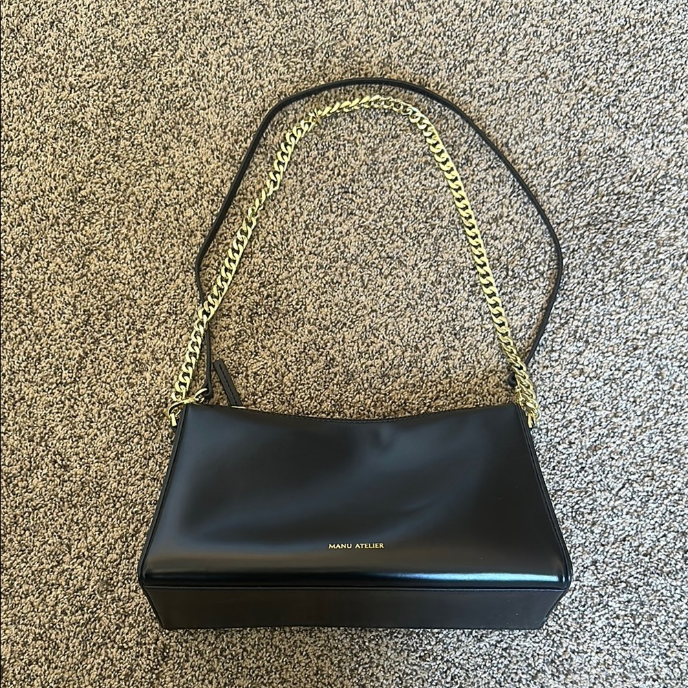 MANU Atelier Black Leather Shoulder Bag with Gold Chain Strap
